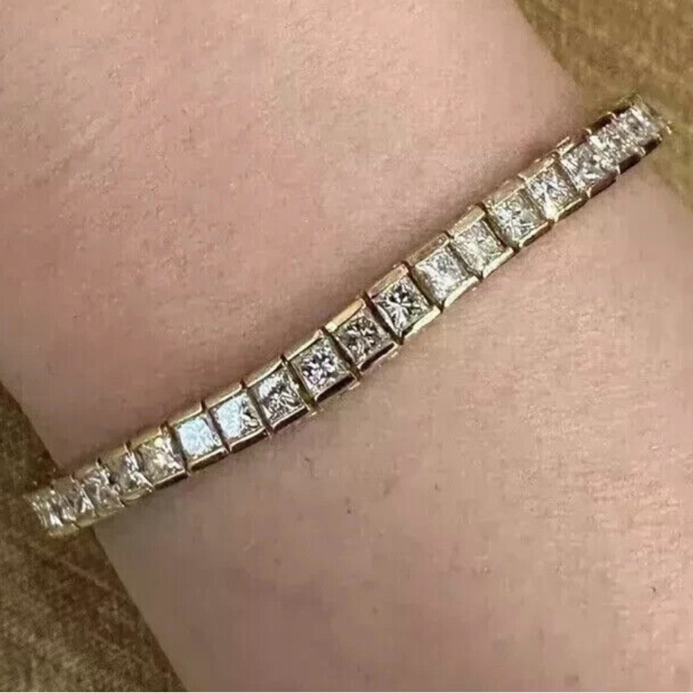 VTG Sterling Silver 925  14kt Gold Plated Princess Cut CZ Tennis Bracelet 8 In